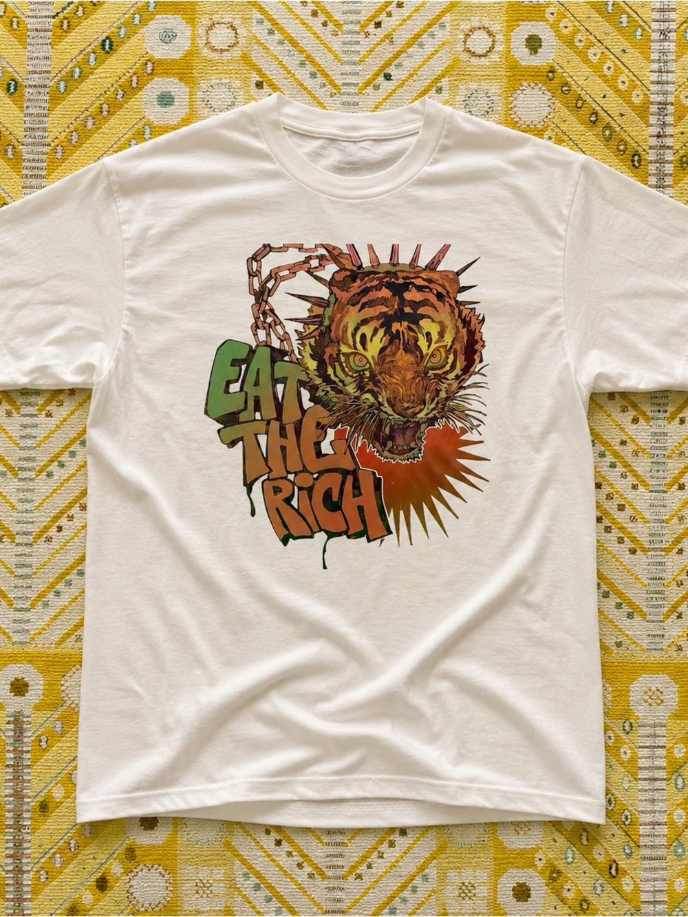 White Tee with Tiger "Eat The Rich" Design | Gildan Unisex Cotton T-Shirt